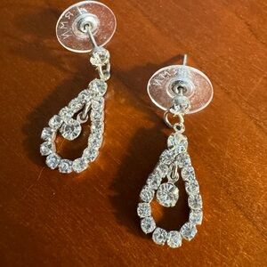 Teardrop Rhinestone Dangle Earrings - Clear, Vintage, Marked RMN, Small